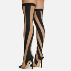 EGO Lilth Wrapped Panel Detail Pointed Toe Stiletto Heel Over The Knee Thigh High Sock Boot In Black Mesh -EGO Sales Store 16 08 22 fw12376