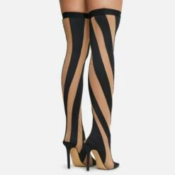 EGO Lilth Wrapped Panel Detail Pointed Toe Stiletto Heel Over The Knee Thigh High Sock Boot In Black Mesh -EGO Sales Store 16 08 22 fw12377