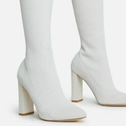 EGO Only-Fans Block Heel Over The Knee Thigh High Long Sock Boot In Cream Nude Ribbed Knit -EGO Sales Store 16 08 22 fw12507