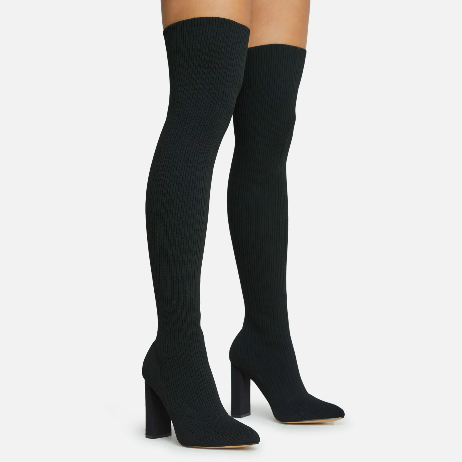 EGO Only-Fans Block Heel Over The Knee Thigh High Long Sock Boot In Black Ribbed Knit 3 EGO Only-Fans Block Heel Over The Knee Thigh High Long Sock Boot In Black Ribbed Knit