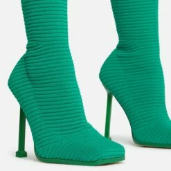 EGO Creamer Square Toe Stiletto Heel Ankle Sock Boot In Green Ribbed Knit -EGO Sales Store 16 08 22 fw12525