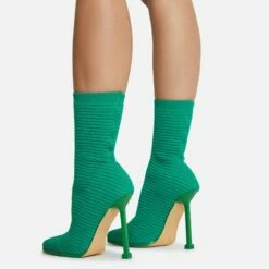 EGO Creamer Square Toe Stiletto Heel Ankle Sock Boot In Green Ribbed Knit -EGO Sales Store 16 08 22 fw12526