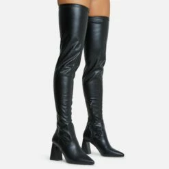 EGO No-Questions Pointed Toe Statement Block Heel Over The Knee Thigh High Long Boot In Black Faux Leather