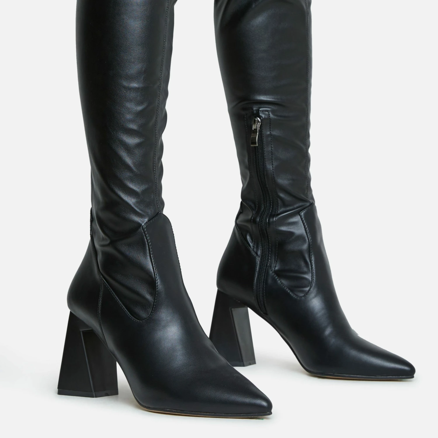 EGO No-Questions Pointed Toe Statement Block Heel Over The Knee Thigh High Long Boot In Black Faux Leather 4 EGO No-Questions Pointed Toe Statement Block Heel Over The Knee Thigh High Long Boot In Black Faux Leather - Image 2