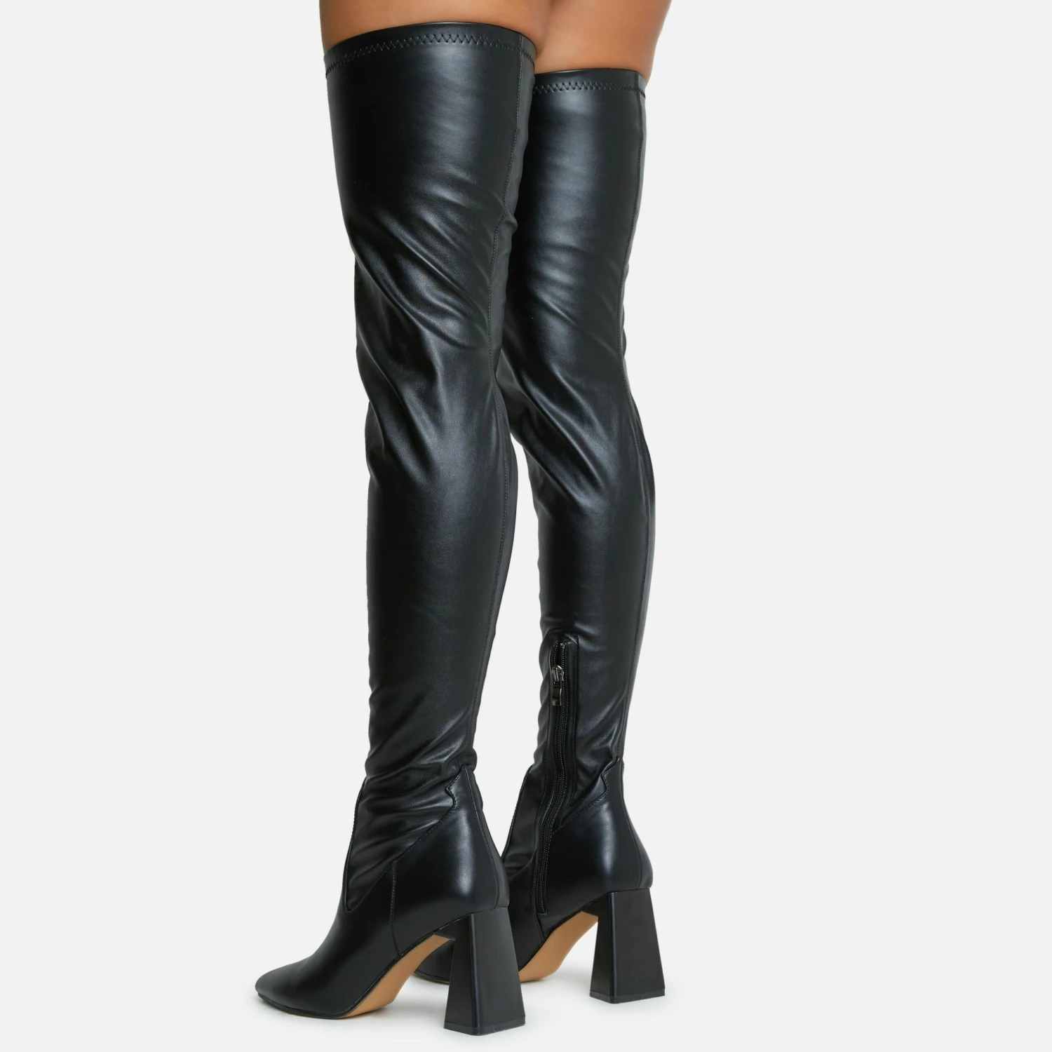 EGO No-Questions Pointed Toe Statement Block Heel Over The Knee Thigh High Long Boot In Black Faux Leather 5 EGO No-Questions Pointed Toe Statement Block Heel Over The Knee Thigh High Long Boot In Black Faux Leather - Image 3