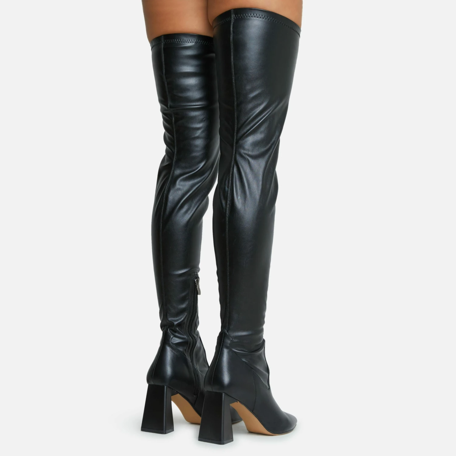 EGO No-Questions Pointed Toe Statement Block Heel Over The Knee Thigh High Long Boot In Black Faux Leather 6 EGO No-Questions Pointed Toe Statement Block Heel Over The Knee Thigh High Long Boot In Black Faux Leather - Image 4