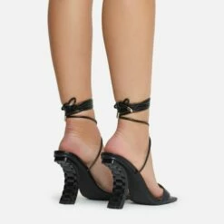 EGO Move-On Lace Up Square Toe Curved Chain Link Heel In Black Faux Leather -EGO Sales Store 16 08 22 fw12630
