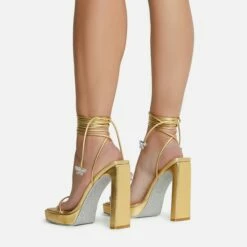 EGO In-The-Game Lace Up Diamante Butterfly Detail Silver Glitter Sole Square Toe Platform Thin Block Heel In Gold Faux Leather -EGO Sales Store 16 08 22 fw12643