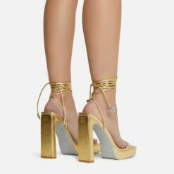 EGO In-The-Game Lace Up Diamante Butterfly Detail Silver Glitter Sole Square Toe Platform Thin Block Heel In Gold Faux Leather -EGO Sales Store 16 08 22 fw12644