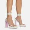 EGO In-The-Game Lace Up Diamante Butterfly Detail Pink Sole Square Toe Platform Thin Block Heel In Cream Nude Faux Leather -EGO Sales Store 16 08 22 fw12645