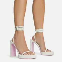 EGO In-The-Game Lace Up Diamante Butterfly Detail Pink Sole Square Toe Platform Thin Block Heel In Cream Nude Faux Leather