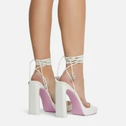 EGO In-The-Game Lace Up Diamante Butterfly Detail Pink Sole Square Toe Platform Thin Block Heel In Cream Nude Faux Leather -EGO Sales Store 16 08 22 fw12648