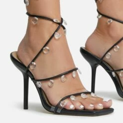 EGO Charmed Lace Up Clear Gem Detail Square Toe Stiletto Heel In Black Faux Leather -EGO Sales Store 16 08 22 fw12712 copy 1