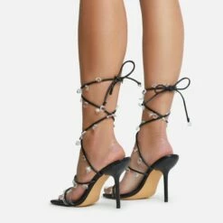 EGO Charmed Lace Up Clear Gem Detail Square Toe Stiletto Heel In Black Faux Leather -EGO Sales Store 16 08 22 fw12713 copy 1