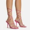 EGO Charmed Lace Up Clear Gem Detail Square Toe Stiletto Heel In Pink Faux Leather -EGO Sales Store 16 08 22 fw12715 copy