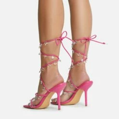 EGO Charmed Lace Up Clear Gem Detail Square Toe Stiletto Heel In Pink Faux Leather -EGO Sales Store 16 08 22 fw12717 copy