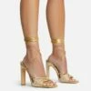 EGO Keep-Dancing Lace Up Diamante Detail Square Toe Thin Block Heel In Gold Faux Leather -EGO Sales Store 16 08 22 fw12736 copy
