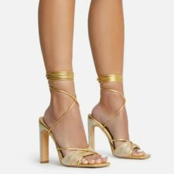 EGO Keep-Dancing Lace Up Diamante Detail Square Toe Thin Block Heel In Gold Faux Leather