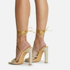 EGO Keep-Dancing Lace Up Diamante Detail Square Toe Thin Block Heel In Gold Faux Leather -EGO Sales Store 16 08 22 fw12738 copy
