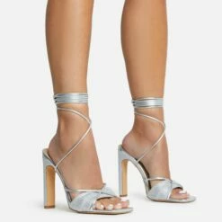 EGO Keep-Dancing Lace Up Diamante Detail Square Toe Thin Block Heel In Silver Faux Leather