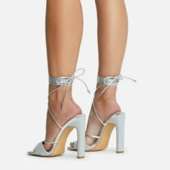 EGO Keep-Dancing Lace Up Diamante Detail Square Toe Thin Block Heel In Silver Faux Leather -EGO Sales Store 16 08 22 fw12742 copy