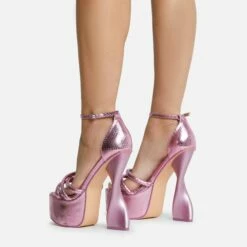 EGO Sweetner Strappy Open Toe Platform Twisted Statement Heel In Pink Metallic Croc Print Faux Leather -EGO Sales Store 16 08 22 fw12805 copy