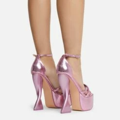 EGO Sweetner Strappy Open Toe Platform Twisted Statement Heel In Pink Metallic Croc Print Faux Leather -EGO Sales Store 16 08 22 fw12806 copy