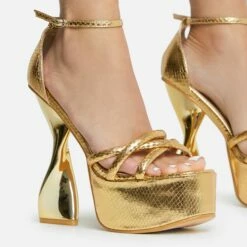 EGO Sweetner Strappy Open Toe Platform Twisted Statement Heel In Gold Metallic Croc Print Faux Leather -EGO Sales Store 16 08 22 fw12808 copy