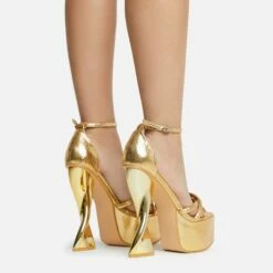 EGO Sweetner Strappy Open Toe Platform Twisted Statement Heel In Gold Metallic Croc Print Faux Leather -EGO Sales Store 16 08 22 fw12810 copy