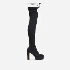 EGO No-Scrubs Lace Up Square Closed Toe Block Heel Over The Knee Thigh High Long Boot In Black Lycra -EGO Sales Store 16 08 22 fw12937