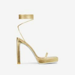EGO In-The-Game Lace Up Diamante Butterfly Detail Silver Glitter Sole Square Toe Platform Thin Block Heel In Gold Faux Leather -EGO Sales Store 16 08 22 fw12941