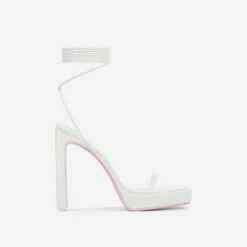EGO In-The-Game Lace Up Diamante Butterfly Detail Pink Sole Square Toe Platform Thin Block Heel In Cream Nude Faux Leather -EGO Sales Store 16 08 22 fw12942
