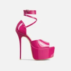 EGO Gabby Strappy Detail Peep Toe Extreme Platform Stiletto Heel In Pink Patent