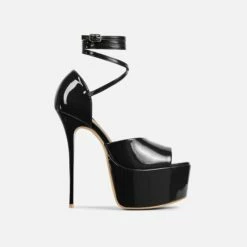 EGO Gabby Strappy Detail Peep Toe Extreme Platform Stiletto Heel In Black Patent