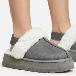 EGO Head-High Faux Fur Trim Sling Back Platform Slipper In Grey Faux Suede -EGO Sales Store 20 01 23 fw acc50517 sq