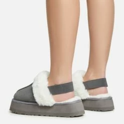 EGO Head-High Faux Fur Trim Sling Back Platform Slipper In Grey Faux Suede -EGO Sales Store 20 01 23 fw acc50518 sq