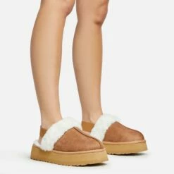 EGO Head-High Faux Fur Trim Sling Back Platform Slipper In Chestnut Brown Faux Suede -EGO Sales Store 20 01 23 fw acc50521 sq