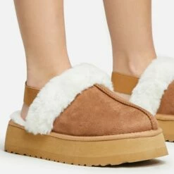 EGO Head-High Faux Fur Trim Sling Back Platform Slipper In Chestnut Brown Faux Suede -EGO Sales Store 20 01 23 fw acc50522 sq