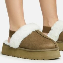 EGO Head-High Faux Fur Trim Sling Back Platform Slipper In Green Faux Suede -EGO Sales Store 20 01 23 fw acc50527 sq