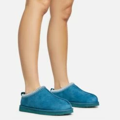 EGO Catch-Up Aztec Detail Faux Fur Lining Flat Slipper In Teal Faux Suede -EGO Sales Store 20 01 23 fw acc50571 sq