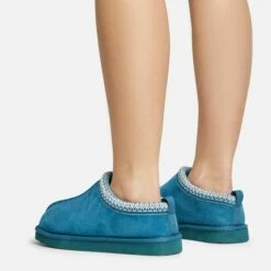 EGO Catch-Up Aztec Detail Faux Fur Lining Flat Slipper In Teal Faux Suede -EGO Sales Store 20 01 23 fw acc50573 sq