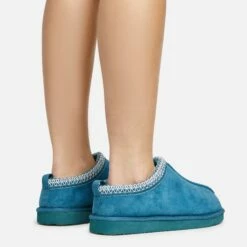 EGO Catch-Up Aztec Detail Faux Fur Lining Flat Slipper In Teal Faux Suede -EGO Sales Store 20 01 23 fw acc50574 sq