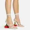 EGO Thorne Lace Up Double Strap Square Toe Rose Statement Heel In White Faux Leather