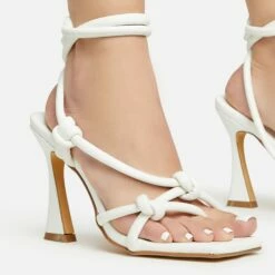 EGO Vera Lace Up Knotted Strap Detail Square Toe Flared Block Heel In White Faux Leather -EGO Sales Store 20 01 23 fw acc50733 sq
