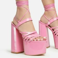 EGO Amazoness Lace Up Extreme Strappy Detail Platform Block Heel In Pink Patent -EGO Sales Store 20 01 23 fw acc50812 sq