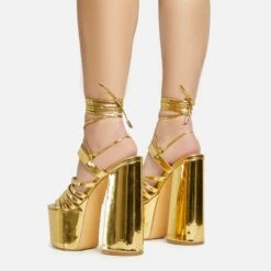 EGO Amazoness Lace Up Extreme Strappy Detail Platform Block Heel In Gold Patent -EGO Sales Store 20 01 23 fw acc50818 sb