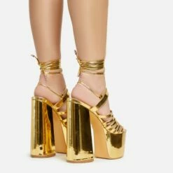 EGO Amazoness Lace Up Extreme Strappy Detail Platform Block Heel In Gold Patent -EGO Sales Store 20 01 23 fw acc50819 sb2