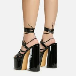 EGO Amazoness Lace Up Extreme Strappy Detail Platform Block Heel In Black Patent -EGO Sales Store 20 01 23 fw acc50829 sb2