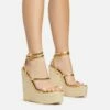 EGO Arred Clear Perspex Strap Detail Woven Platform Wedge In Gold Faux Leather