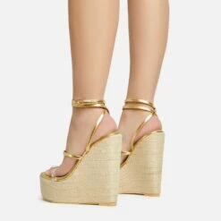 EGO Arred Clear Perspex Strap Detail Woven Platform Wedge In Gold Faux Leather -EGO Sales Store 20 01 23 fw acc50851 sb